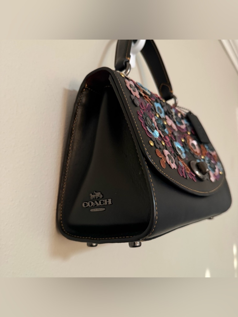 RARE Coach Tilly Top Handle Black Satchel with Colorful Floral Appliqué - F80213 - Picture 6 of 11